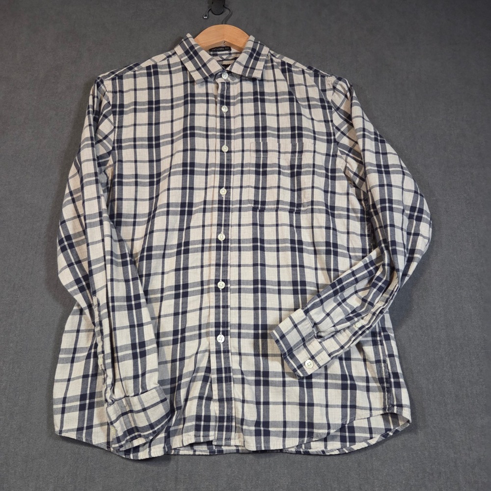 Banana Republic Button Down Mens M Navy Cream Plaid Untucked Fit Cotton Shirt